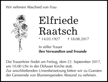 Traueranzeige von Elfriede Raatsch von Mitteldeutsche Zeitung Halle/Saalkreis