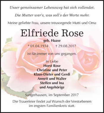 Traueranzeige von Elfriede Rose von Mitteldeutsche Zeitung Sangerhausen