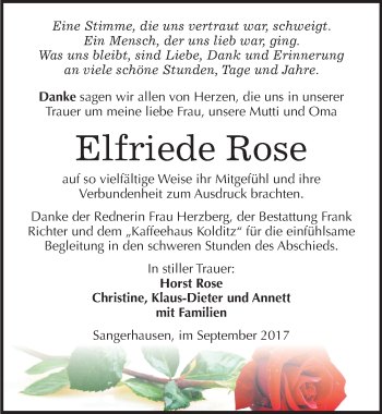 Traueranzeige von Elfriede Rose von Mitteldeutsche Zeitung Sangerhausen