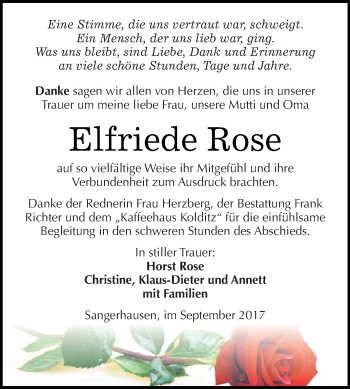 Traueranzeige von Elfriede Rose von Super Sonntag SGH Mansf. Land