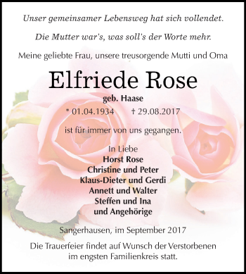 Traueranzeige von Elfriede Rose von WVG - Wochenspiegel SGH