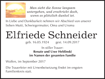 Traueranzeige von Elfriede Schneider von Mitteldeutsche Zeitung Bitterfeld