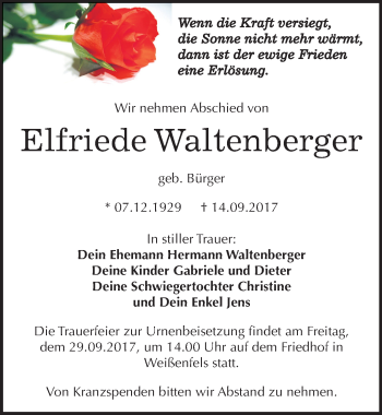 Traueranzeige von Elfriede Waltenberger von Mitteldeutsche Zeitung Weißenfels