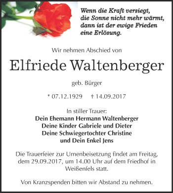 Traueranzeige von Elfriede Waltenberger von WVG - Wochenspiegel NMB / WSF / ZTZ
