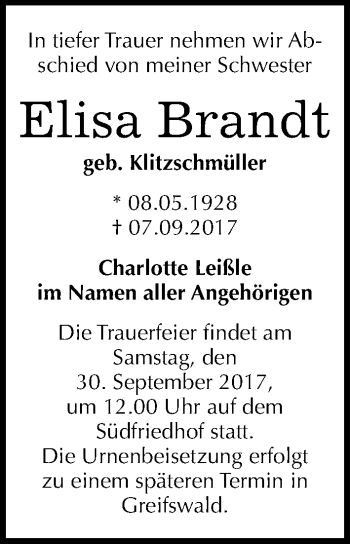 Traueranzeige von Elisa Brandt von Mitteldeutsche Zeitung Halle/Saalkreis
