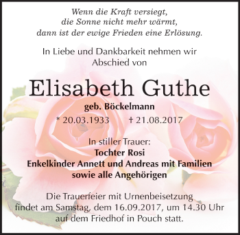Traueranzeige von Elisabeth Guthe von Mitteldeutsche Zeitung Bitterfeld