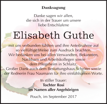 Traueranzeige von Elisabeth Guthe von Mitteldeutsche Zeitung Bitterfeld