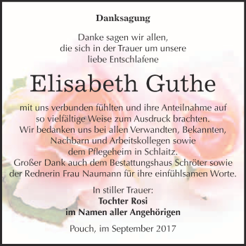 Traueranzeige von Elisabeth Guthe von WVG - Wochenspiegel Bitterfeld
