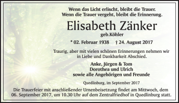 Traueranzeige von Elisabeth Zänker von Mitteldeutsche Zeitung Quedlinburg