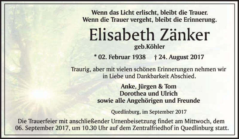  Traueranzeige für Elisabeth Zänker vom 02.09.2017 aus WVG - Wochenspiegel Quedlinburg