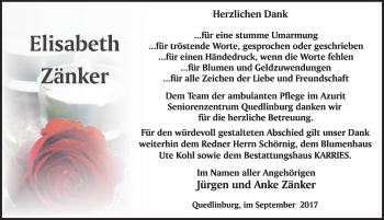 Traueranzeige von Elisabeth Zänker von Mitteldeutsche Zeitung Quedlinburg