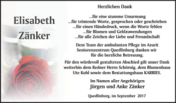 Traueranzeige von Elisabeth Zänker von WVG - Wochenspiegel Quedlinburg