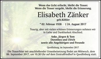 Traueranzeige von Elisabeth Zänker von WVG - Wochenspiegel Quedlinburg