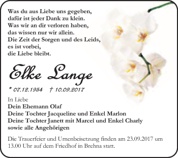 Traueranzeige von Elke Lange von WVG - Wochenspiegel Bitterfeld