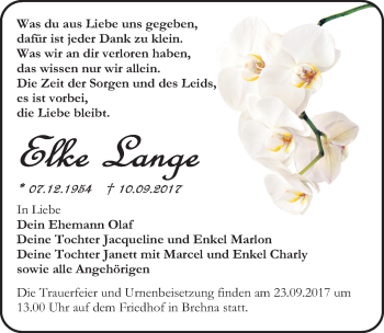 Traueranzeige von Elke Lange von Mitteldeutsche Zeitung Bitterfeld