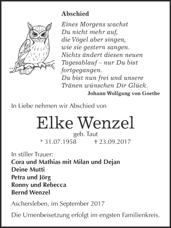 Traueranzeige von Elke Wenzel von Super Sonntag Aschersleben
