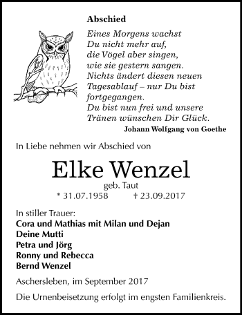 Traueranzeige von Elke Wenzel von Mitteldeutsche Zeitung Aschersleben