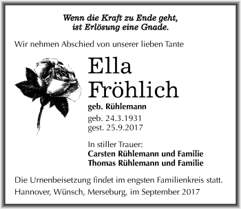 Traueranzeige von Ella Fröhlich von Mitteldeutsche Zeitung Merseburg/Querfurt