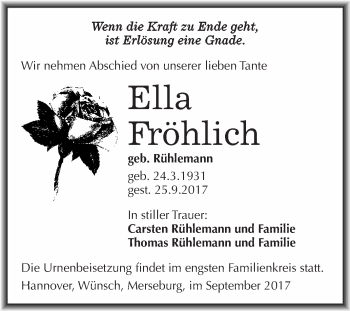 Traueranzeige von Ella Fröhlich von WVG - Wochenspiegel Merseburg