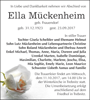 Traueranzeige von Ella Mückenheim von Super Sonntag Bernburg
