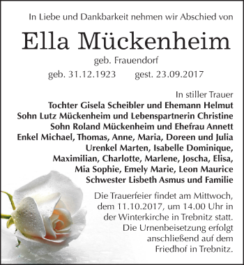 Traueranzeige von Ella Mückenheim von Mitteldeutsche Zeitung Bernburg