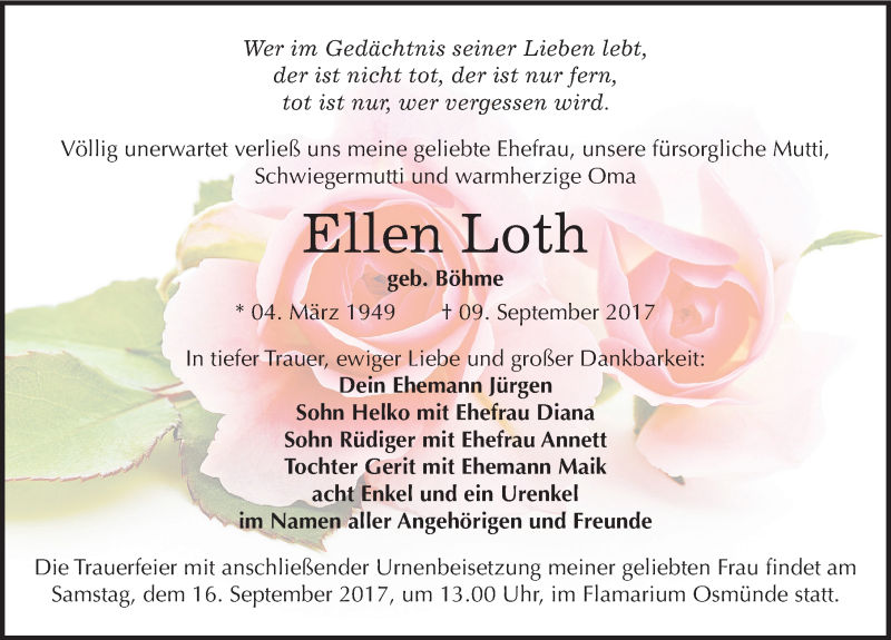  Traueranzeige für Ellen Loth vom 14.09.2017 aus Mitteldeutsche Zeitung Halle/Saalkreis