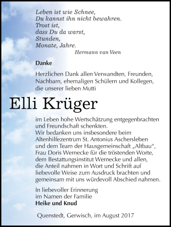 Traueranzeige von Elli Krüger von Super Sonntag SGH Mansf. Land