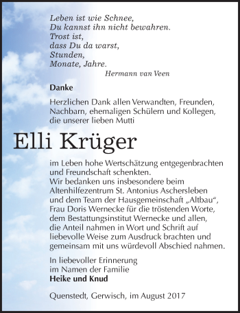 Traueranzeige von Elli Krüger von Mitteldeutsche Zeitung Aschersleben