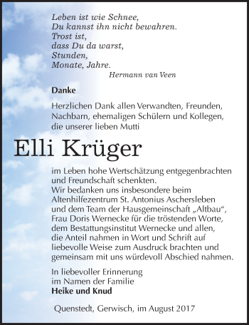 Traueranzeige von Elli Krüger von Mitteldeutsche Zeitung Mansfelder Land