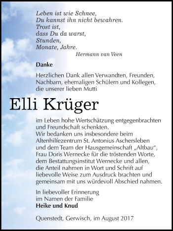 Traueranzeige von Elli Krüger von Super Sonntag Aschersleben