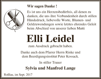 Traueranzeige von Elli Leidel von WVG - Wochenspiegel Dessau / Köthen