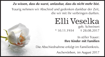 Traueranzeige von Elli Veselka von Mitteldeutsche Zeitung Aschersleben