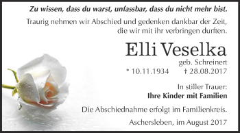 Traueranzeige von Elli Veselka von Super Sonntag Aschersleben