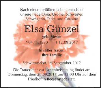 Traueranzeige von Elsa Günzel von Mitteldeutsche Zeitung Halle/Saalkreis