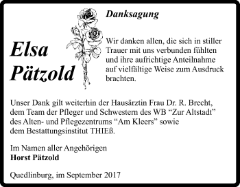 Traueranzeige von Elsa Pätzold von Super Sonntag Quedlinburg