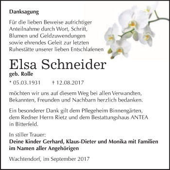 Traueranzeige von Elsa Schneider von WVG - Wochenspiegel Bitterfeld