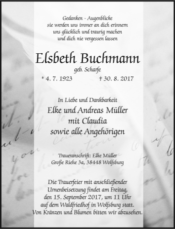 Traueranzeige von Elsbeth Buchmann von Mitteldeutsche Zeitung Mansfelder Land
