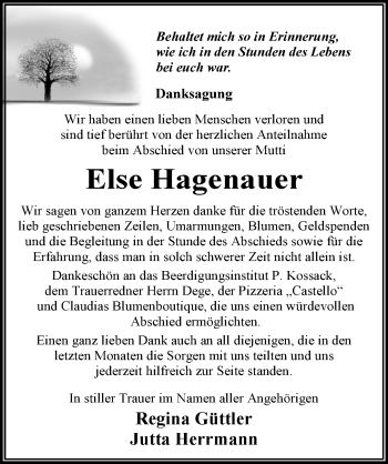 Traueranzeige von Else Hagenauer von Mitteldeutsche Zeitung Dessau-Roßlau