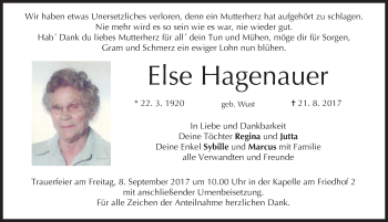 Traueranzeige von Else Hagenauer von Mitteldeutsche Zeitung Dessau-Roßlau