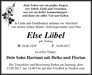 Traueranzeige von Else Löbel von Mitteldeutsche Zeitung Dessau-Roßlau