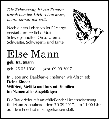 Traueranzeige von Else Mann von Mitteldeutsche Zeitung Sangerhausen