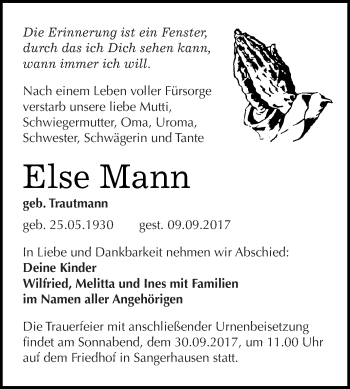 Traueranzeige von Else Mann von Super Sonntag SGH Mansf. Land