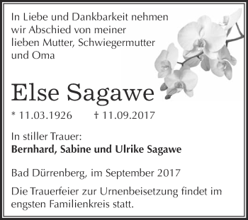 Traueranzeige von Else Sagawe von Super Sonntag Merseburg