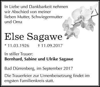 Traueranzeige von Else Sagawe von Mitteldeutsche Zeitung Merseburg/Querfurt
