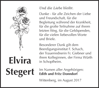 Traueranzeige von Elvira Stegert von Super Sonntag Wittenberg