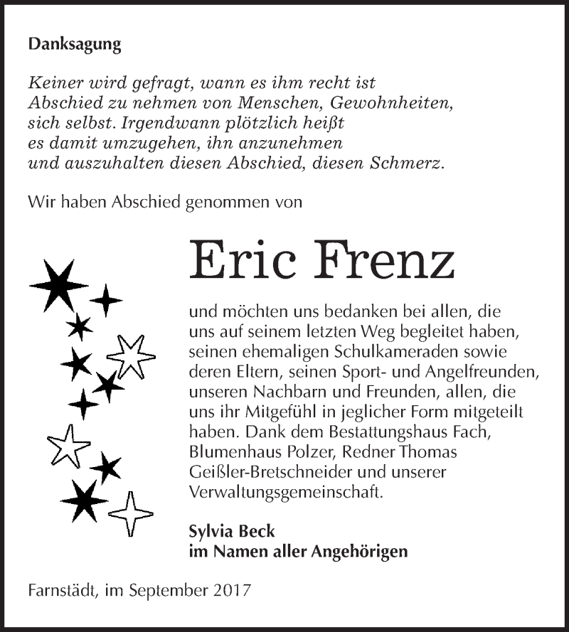  Traueranzeige für Eric Frenz vom 16.09.2017 aus WVG - Wochenspiegel Merseburg