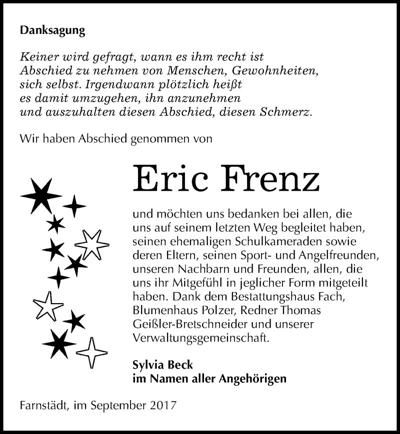  Traueranzeige für Eric Frenz vom 14.09.2017 aus Mitteldeutsche Zeitung Merseburg/Querfurt