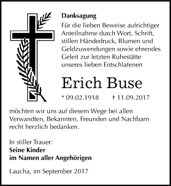 Traueranzeige von Erich Buse von Mitteldeutsche Zeitung Naumburg/Nebra