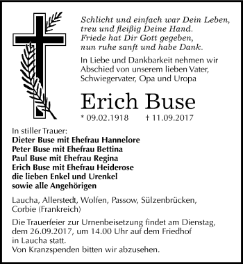 Traueranzeige von Erich Buse von Mitteldeutsche Zeitung Naumburg/Nebra
