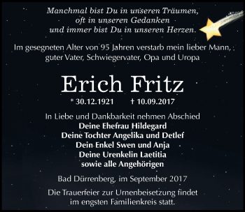 Traueranzeige von Erich Fritz von Mitteldeutsche Zeitung Merseburg/Querfurt